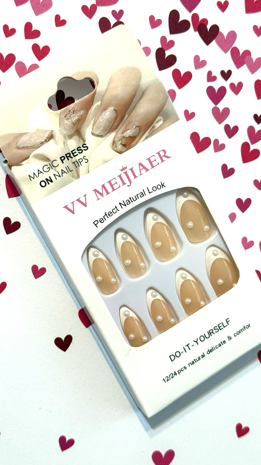 VV Meijiaer Magic Press On Nails Natural Look NUDE with WHITE FRENCH TIP & PEARL