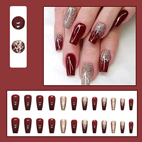 24Pcs Dark Wine Red Press on Nails Long Fake Nails Elegant Wine Red Gradient
