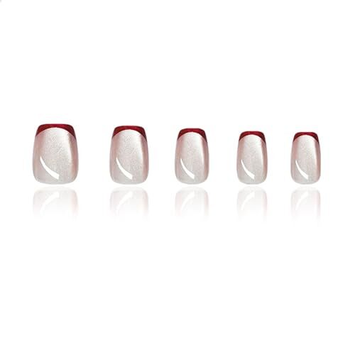 Red French Tip Press on Nails Short Square Fake 0.8 Fl Oz (Pack of 30) Style 21