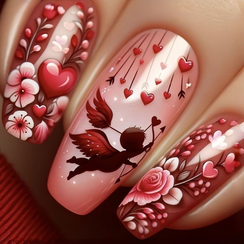 96Pcs Valentine’s Day Medium Ballet Press On Nails Cute Heart Cartoon Sweet