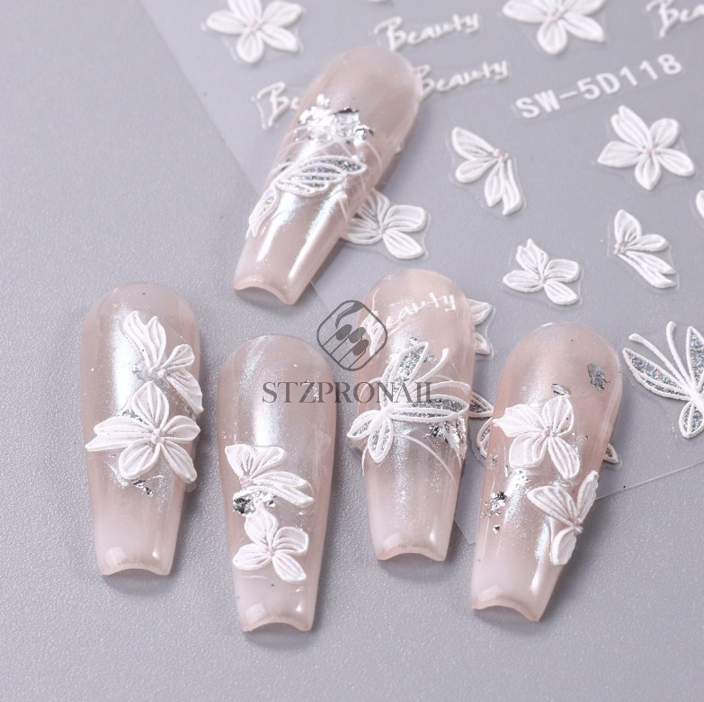 5D Embossed Daisy Tulip Butterfly Camellia Flower Nail Art Stickers Manicure