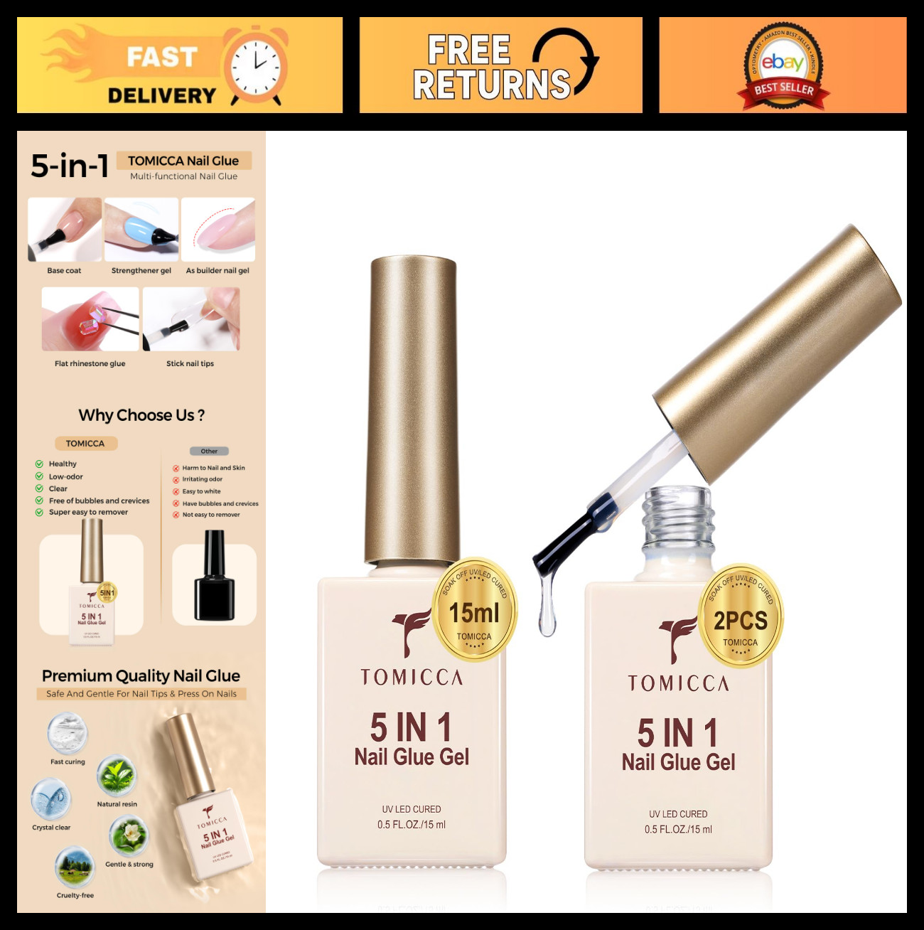 5-in-1 Gel Nail Glue for Acrylic Tips – 2x15ml Brush-On UV Adhesive, Long Lastin