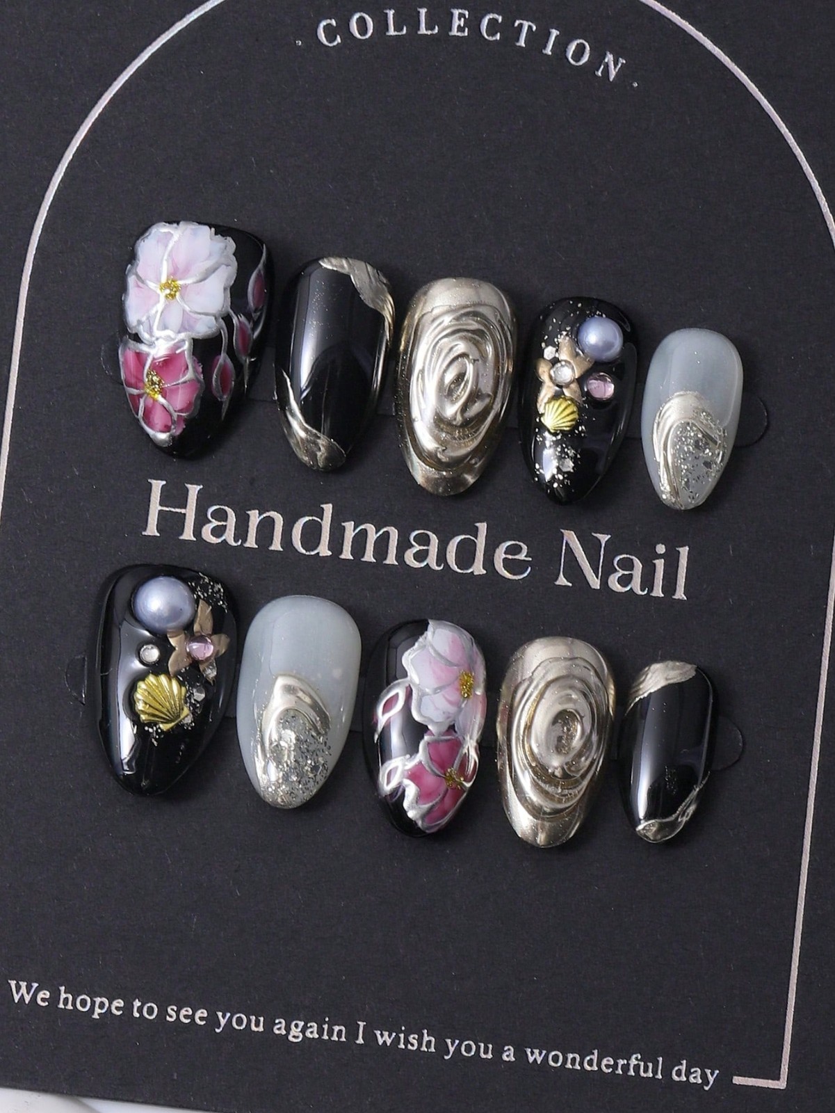 Handmade 3D Floral Metallic Press-On Nails | Black Grey Fake Nails