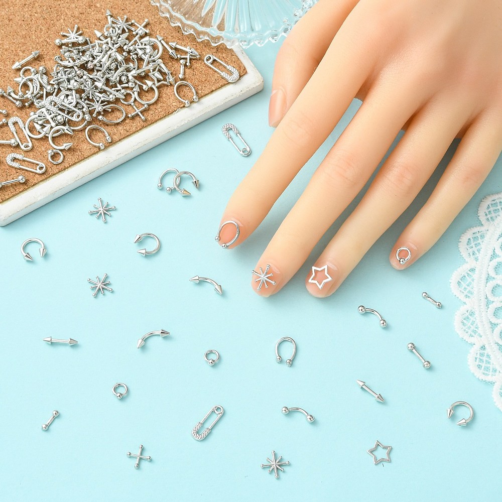 120pcs Belly Bars Nose Rings Cartilage Studs Cabochons for Manicures Nail Decor
