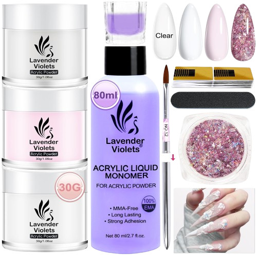 Acrylic Nail Kit – 30g x3 Clear, White, Pink Powder & 80ml Monomer Liquid Set