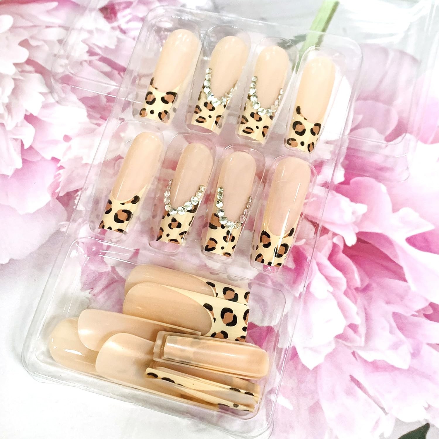 Press on Nails Long Coffin Shaped Glossy Full Cover Acrylic Long Length Frenc…