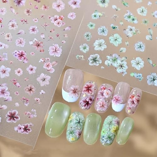 2 Sheets 3D Flower Nail Stickers Spring Summer Embossed Self-Adhesive Cherry
