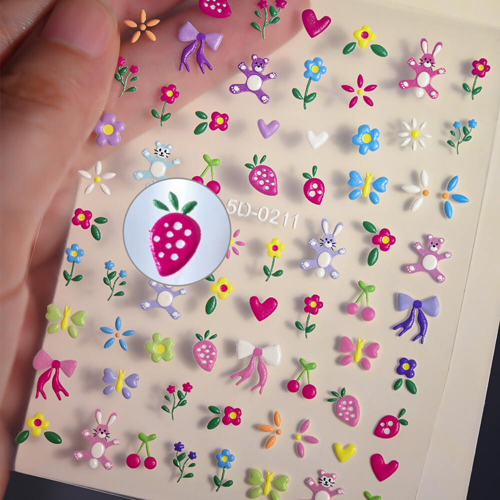 5D Embossed Nail Stickers Daisy Heart Flower Bow Engraved Adhesive Peel NH27
