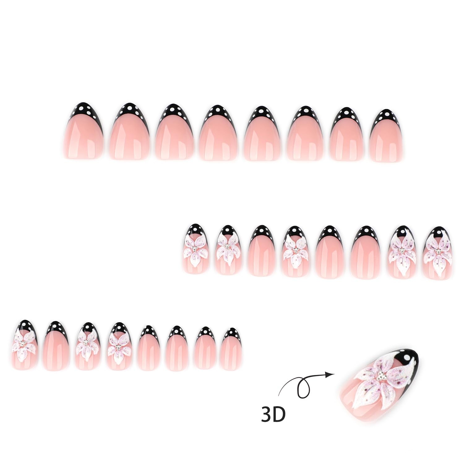 Taoyisent Pink Floral French Tip Press On Nails, Short Almond Shape, Black Po…