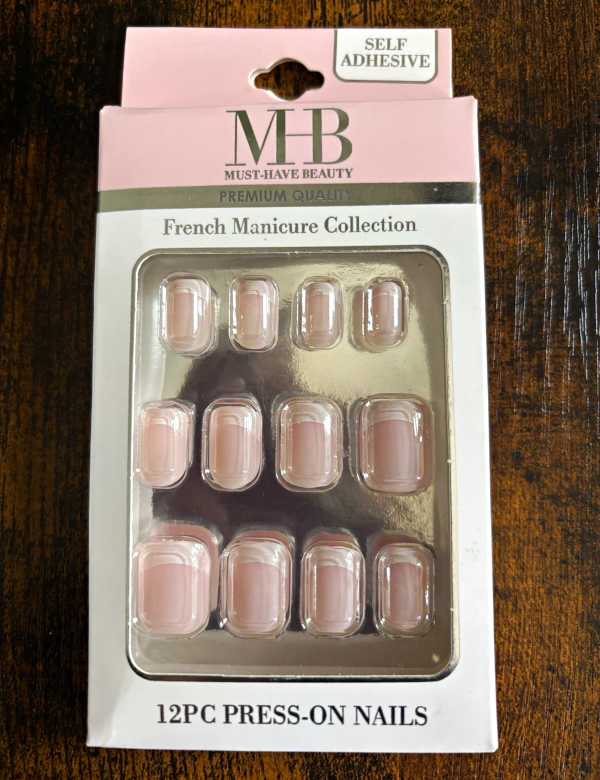 Must-Have Beauty Pink French Short Square Self-Adhesive Press-On Nails 12pc