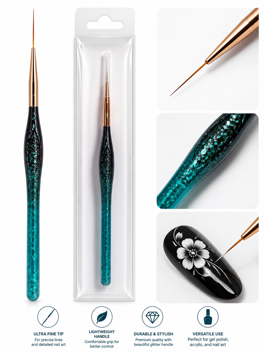 3PCS Blue Glitter Nail Art Liner Brush Set Nylon Detail Striping UV Gel 80004