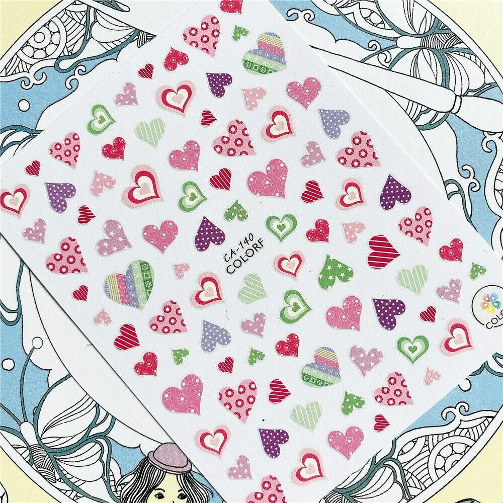 Nail Art 3D Decal Stickers Red Pink Green Hearts Love CA140