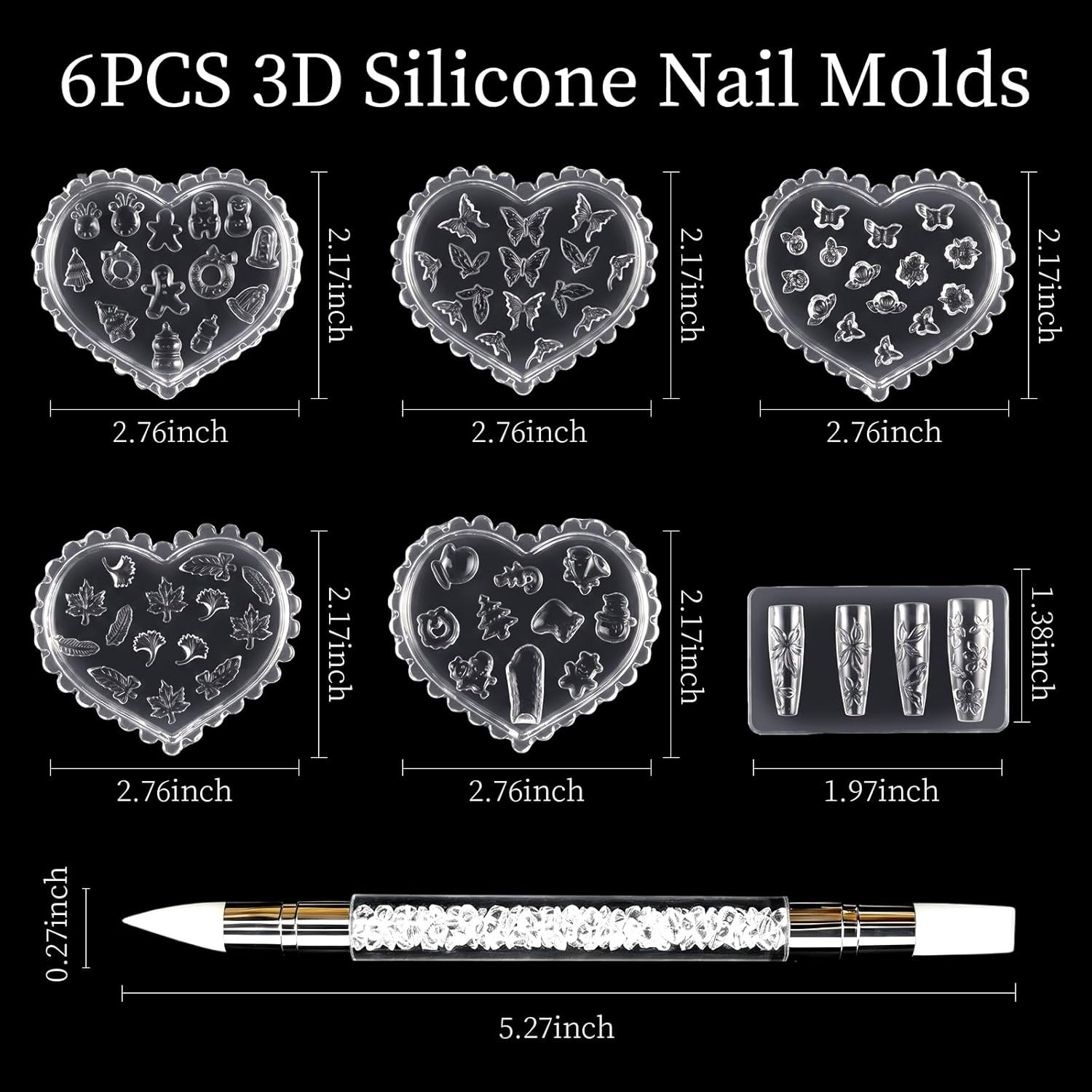 6PCS Silicone Nail Molds, 3D Nail Art Molds with Carving Pen-Multiple Shapes Flo
