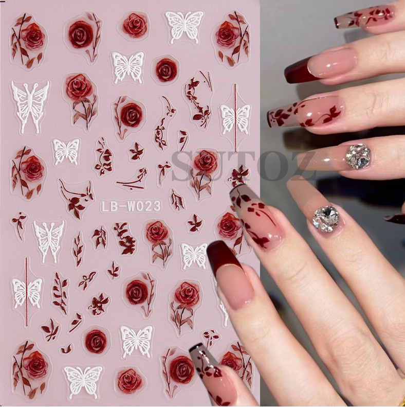 5D Embossed Nail Art Stickers Transfers Rose Flower Leaf Butterfly LBW23 NS52