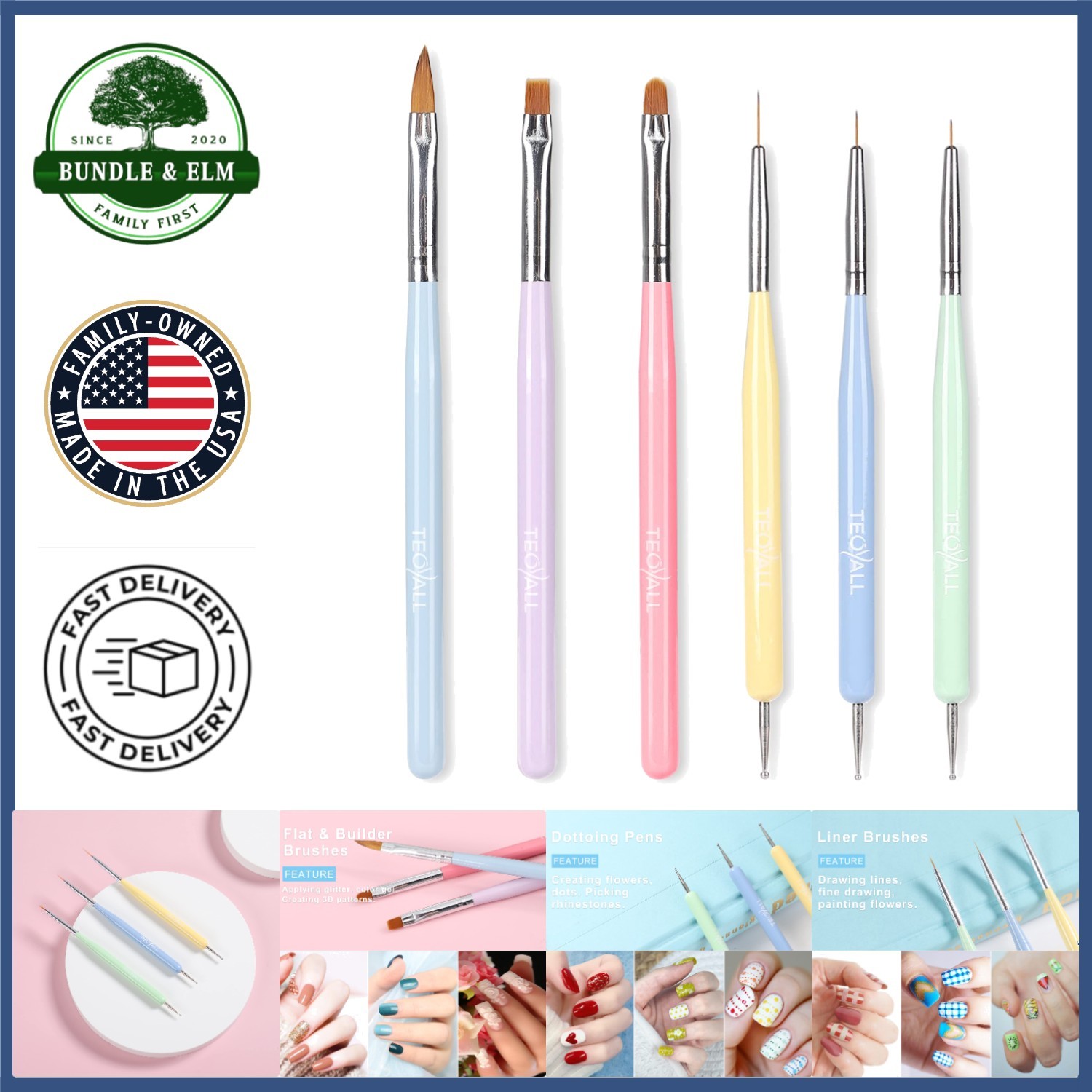 Nail Art Brush Set with Round, Square, and Builder Gel Brushes for Nail Design