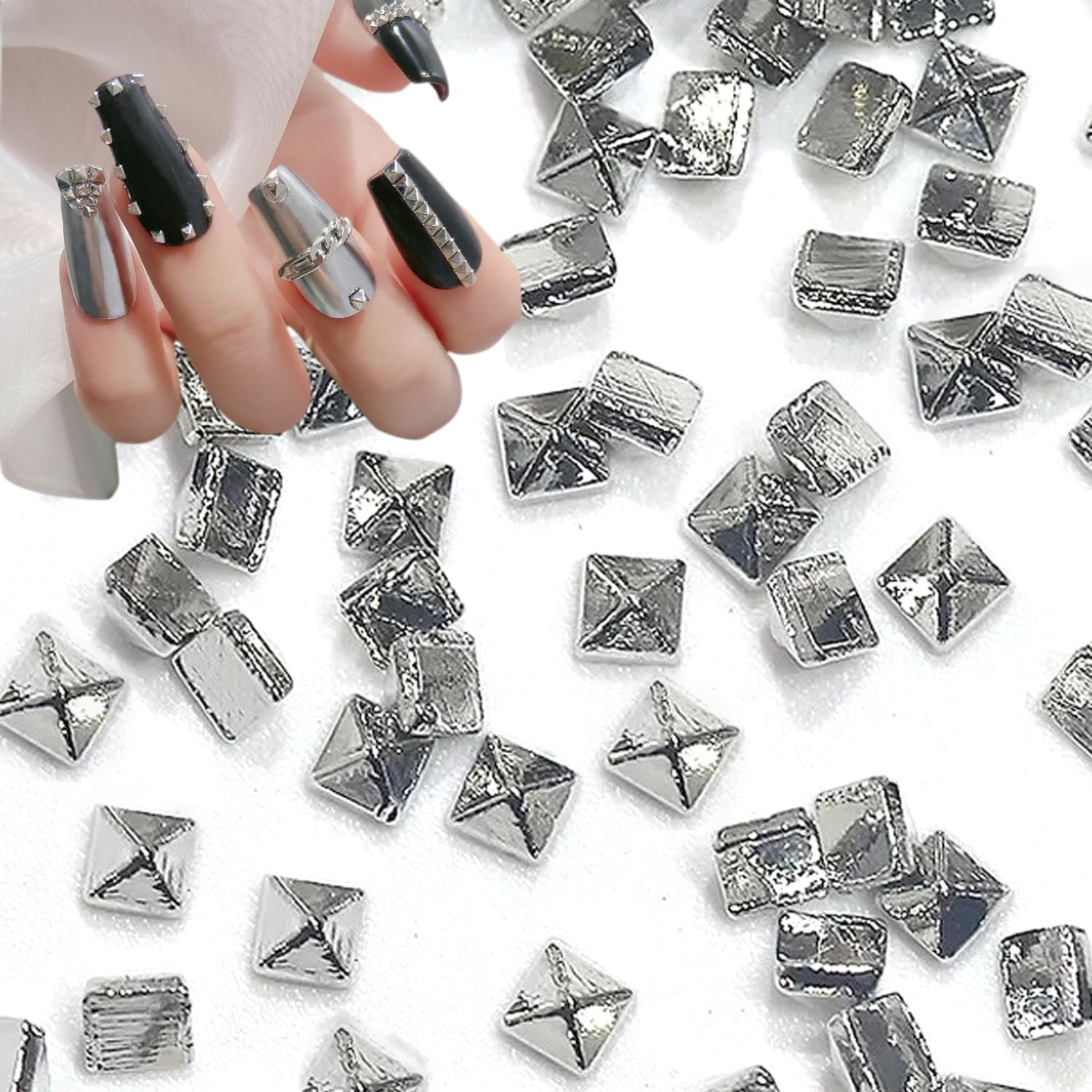 600pcs Silver Square Spire Nail Charms Alloy Mini Metal Rivet Nail Charms for…