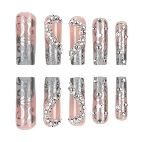 24Pcs Long Press on Nails Luxury Rhinestone Fake Nails silver rhinestones
