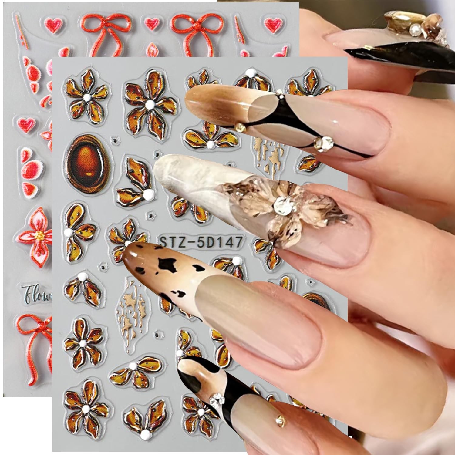 2 Sheets Flowers Nail Art Stickers Flower Bow Nail Decals Flowers Bows Nail D…