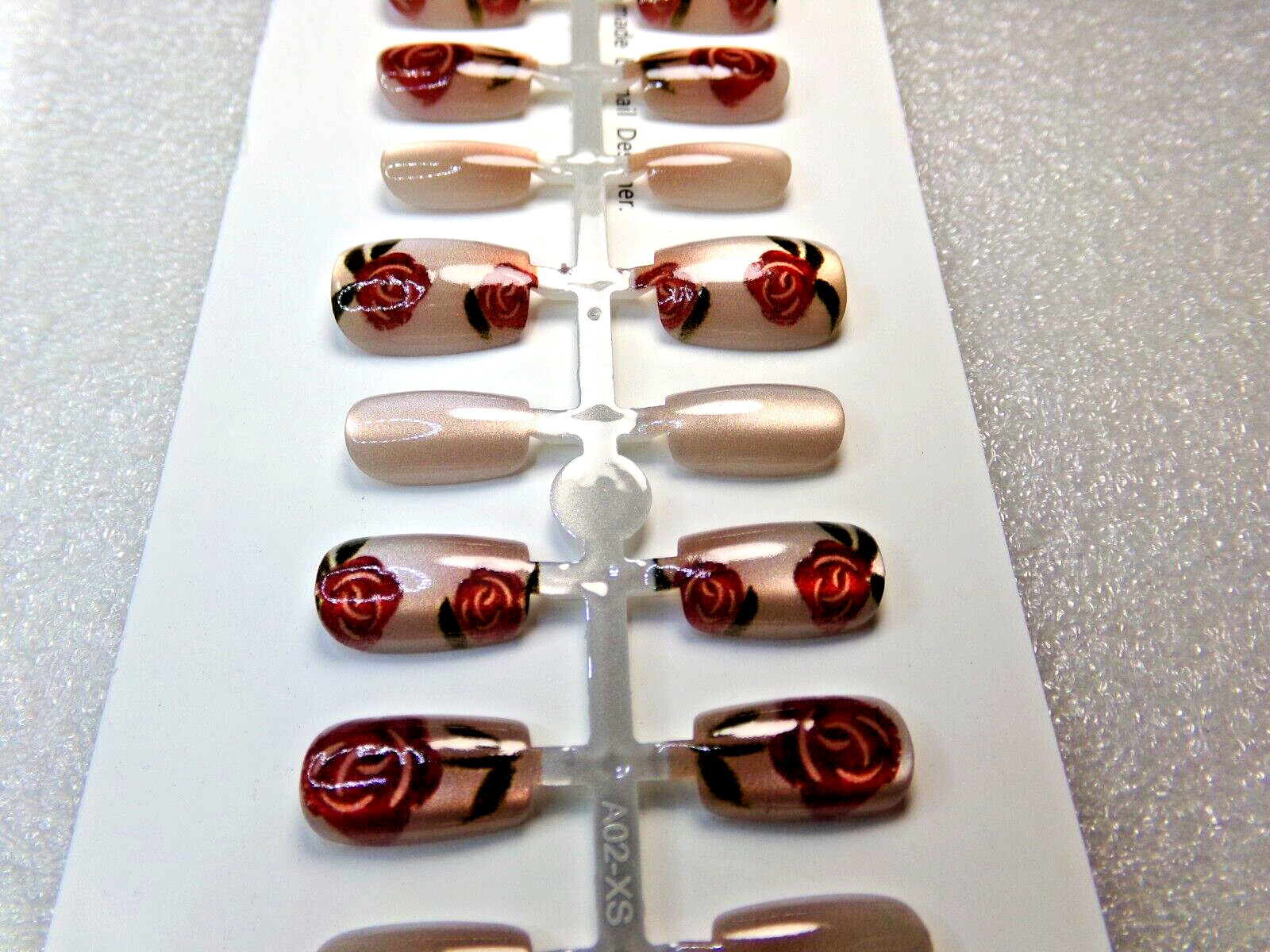 Micizian Nails Champagne Pink with Red Roses Design GLUE-On Short