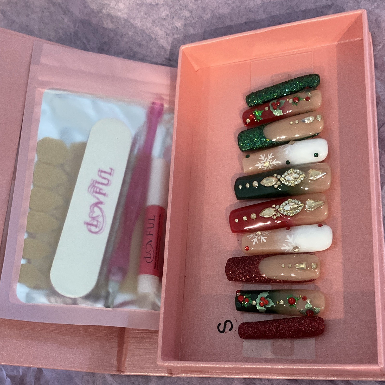 LOVFUL Christmas Glitter Multicolor Coffin Long Full Cover Press-On Nails