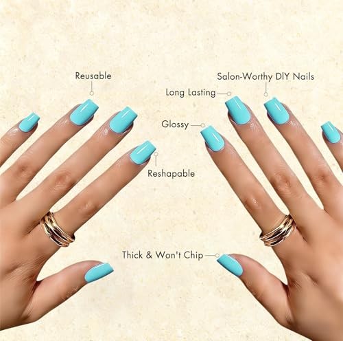 Teal Blue Press on Nails Medium Square, Soft Gel Fake Nails Short teal blue