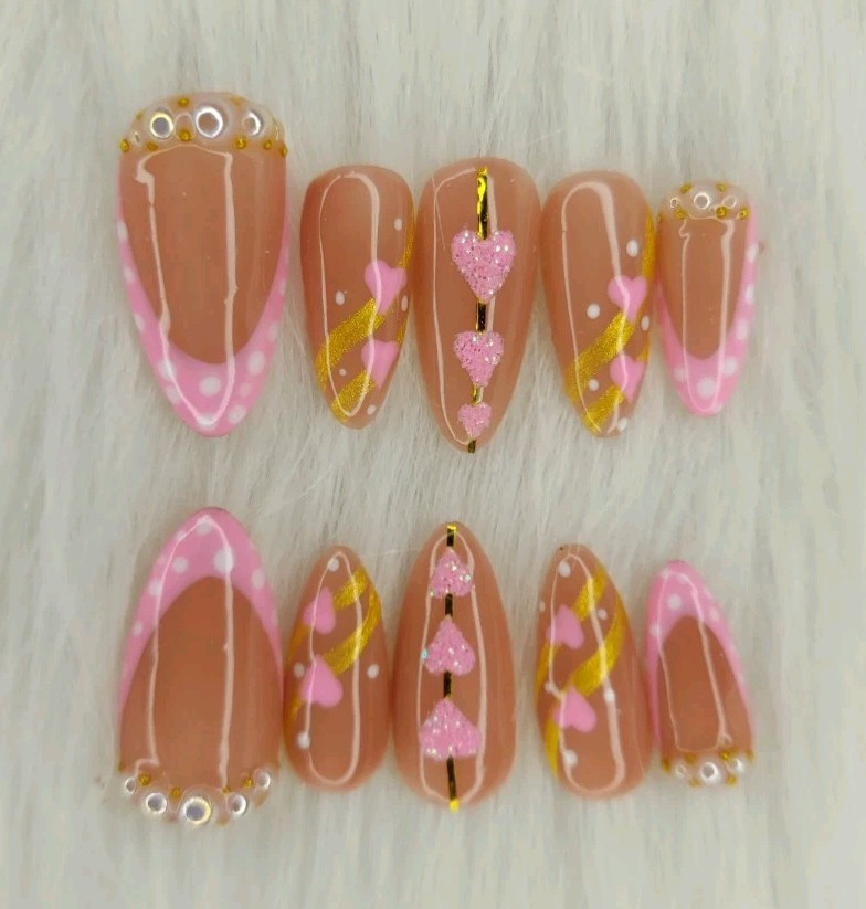 Pink White And Gold Nails, Pink Heart Coquette Nails, Custom Prom Wedding Nails