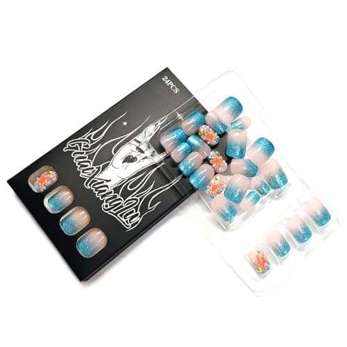 Blue Glitter Gradient Nails – Short Square – Fake Summer Nails – 11