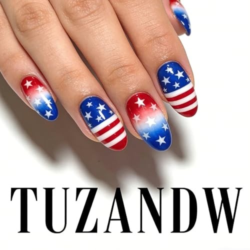 4th of July Press on Nails Short Oval Fake Nails America Flag Star Polka Dots