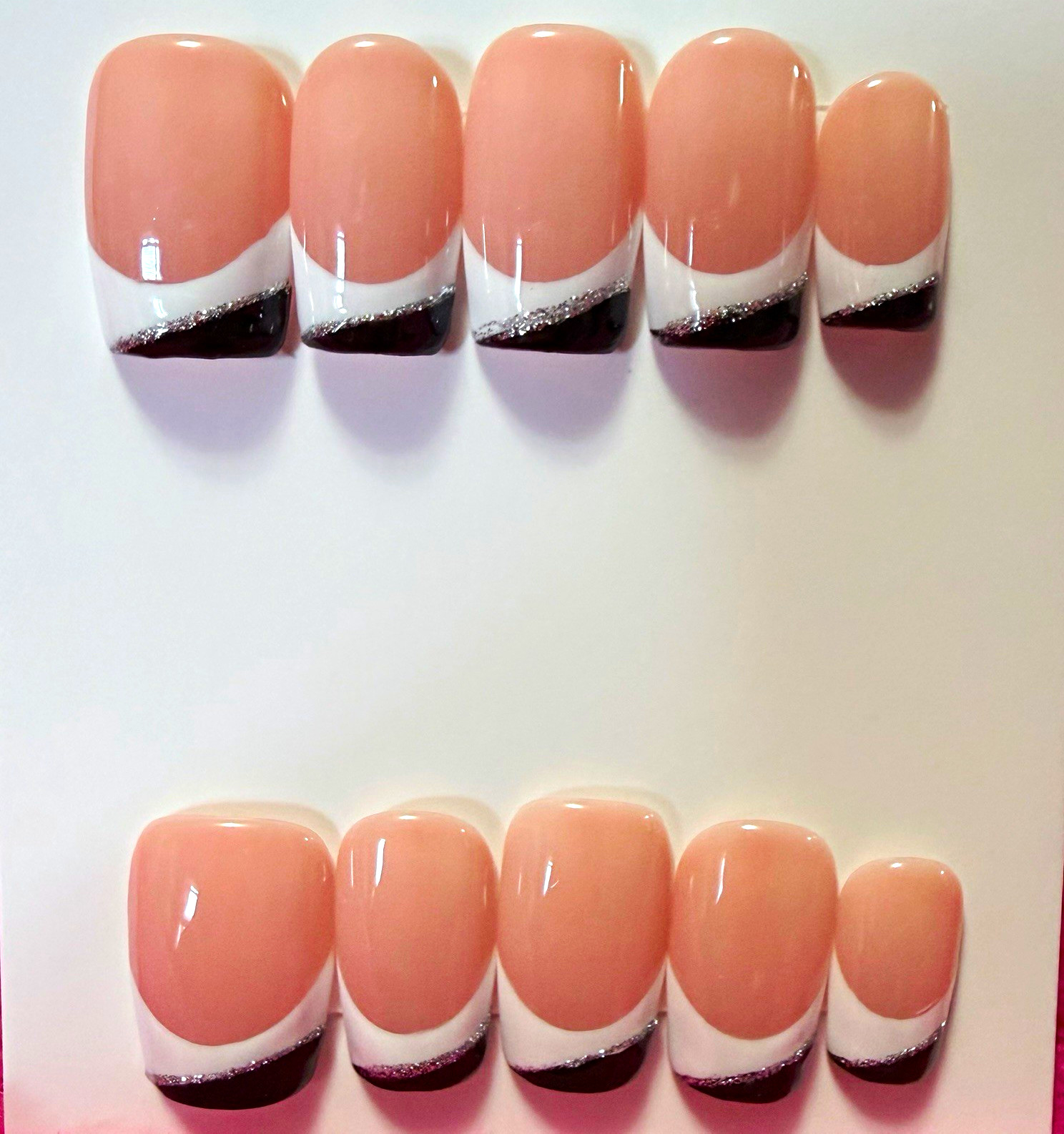 Pink/White/Black French Tip Square Press-On Nails, Short, size large