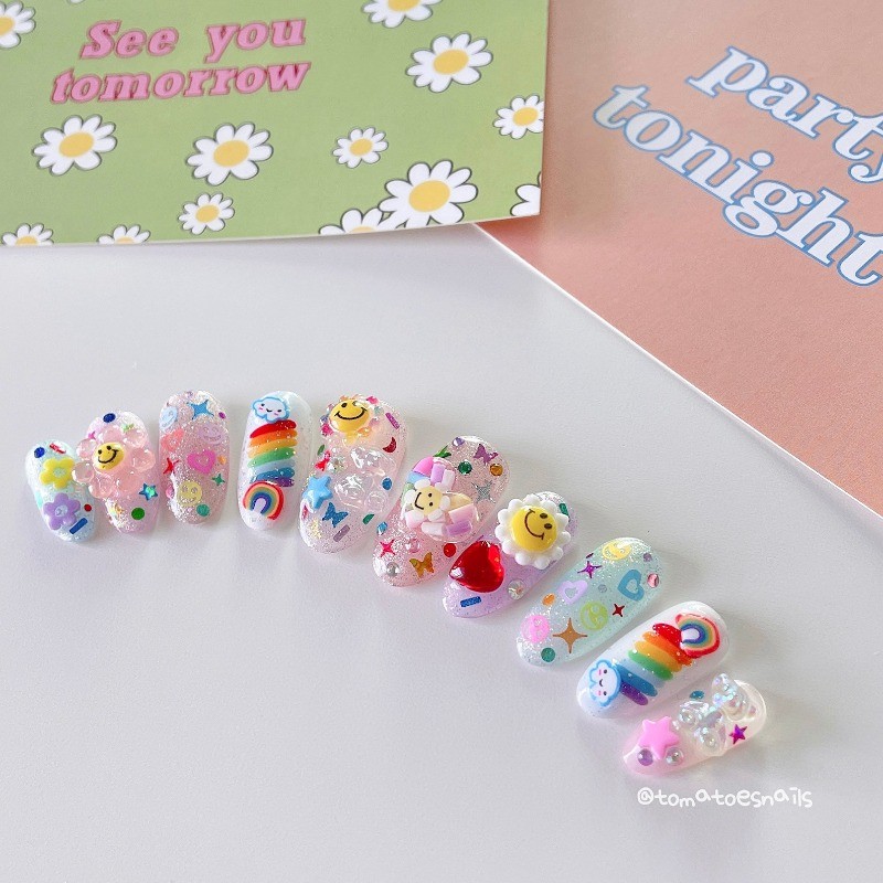 Custom Pure Handmade Nails Glitter Rainbow Flower Heart Cute Girls Manicure