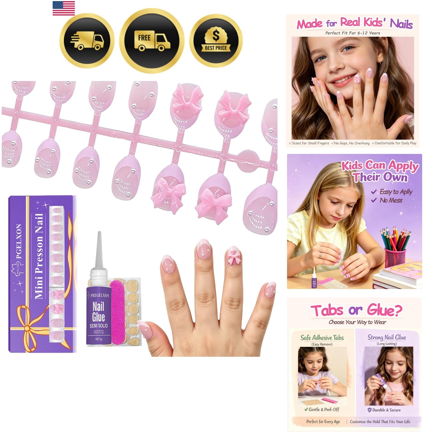 24 Pieces Press on Nails for Kids, Trendy Pearl Bow Kids Press on Nails for 6…