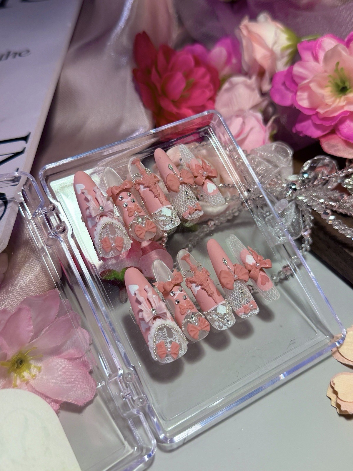 Pink Princess Bow Lace Flower Matte Finish Press On Nails Long Y05 With Pearl