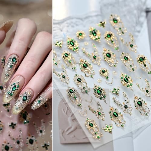 Gold Nail Art Stickers 5D Embossed Green Gem Nail Stickers Luxury Self Style-31