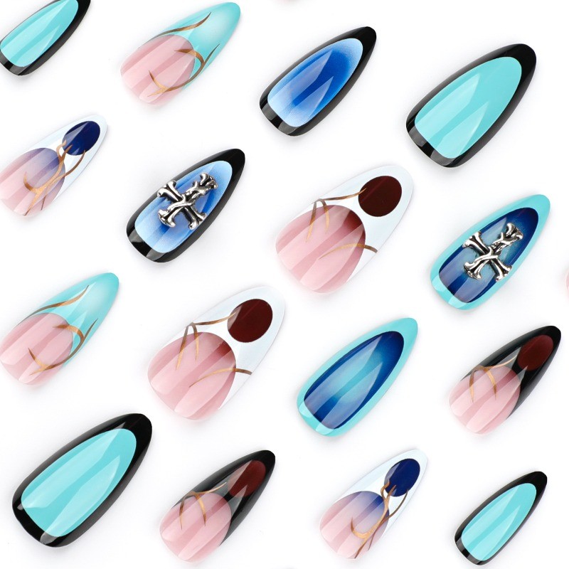 48pcs-Press on Nails Blue Ombre Cross Metal Decor Almond Glossy Nail Art Set