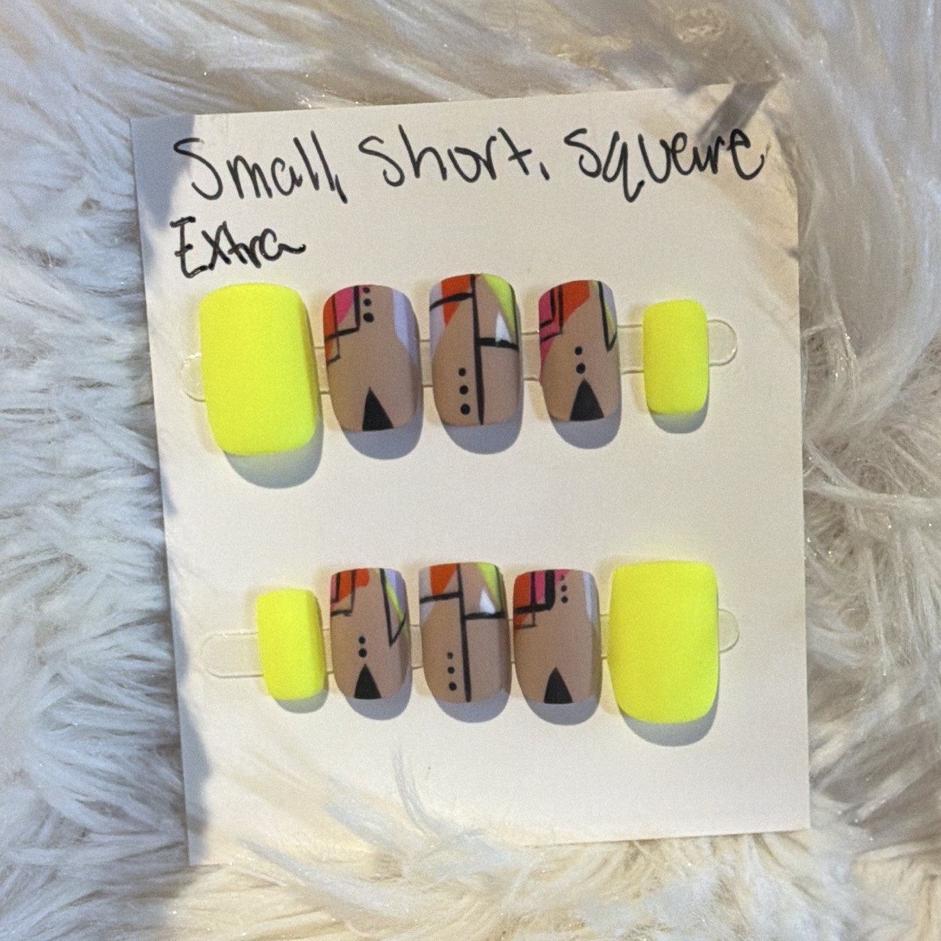 hort Square Press-On Nails Full Cover Pre-Designed Yellow Multicolor Geometric