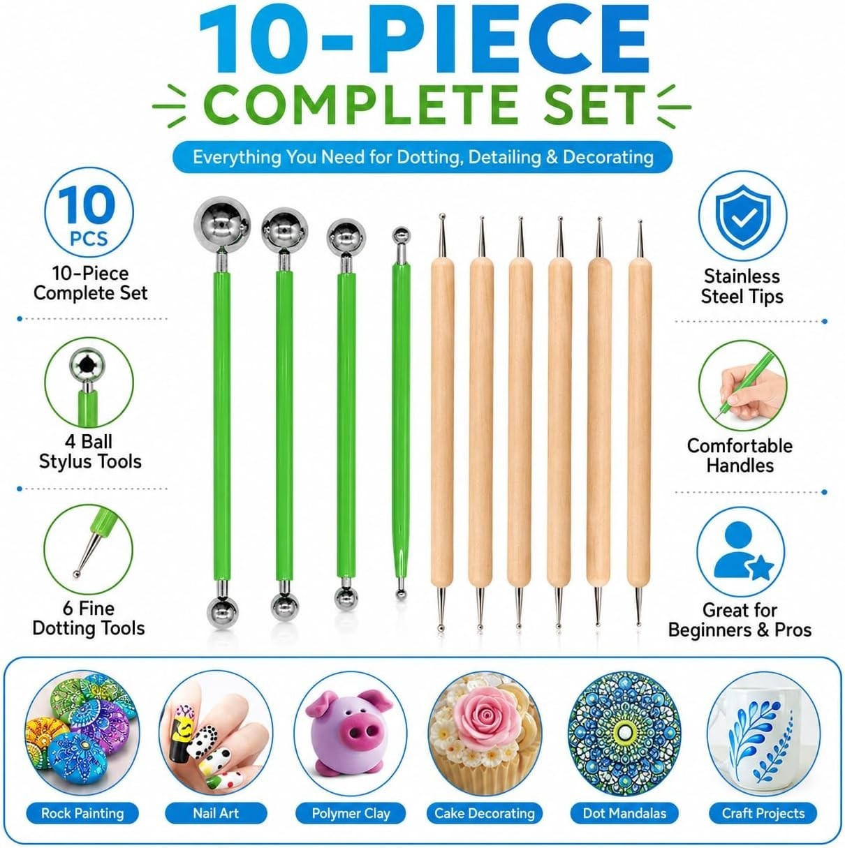 Precision Dotting Tools Kit – 10 Styluses for Rock Painting, Clay, and Mandalas