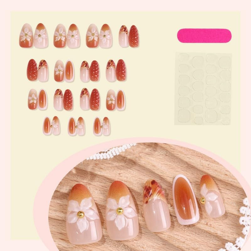 Almond Press on Nails 3D Floral Fake Dark Brown False Artificial Stick on Nails