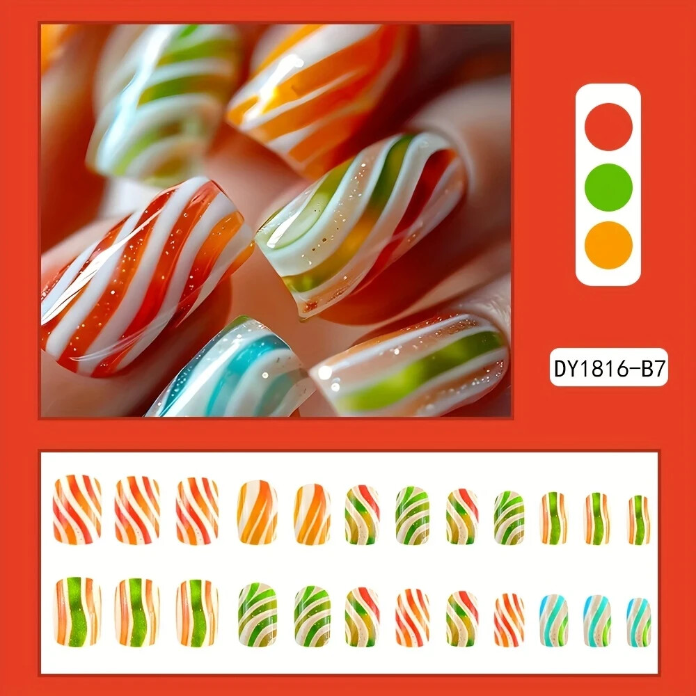24pcs Medium Square Press-On Nails Set, Colorful Candy Stripes & Glitter Nail