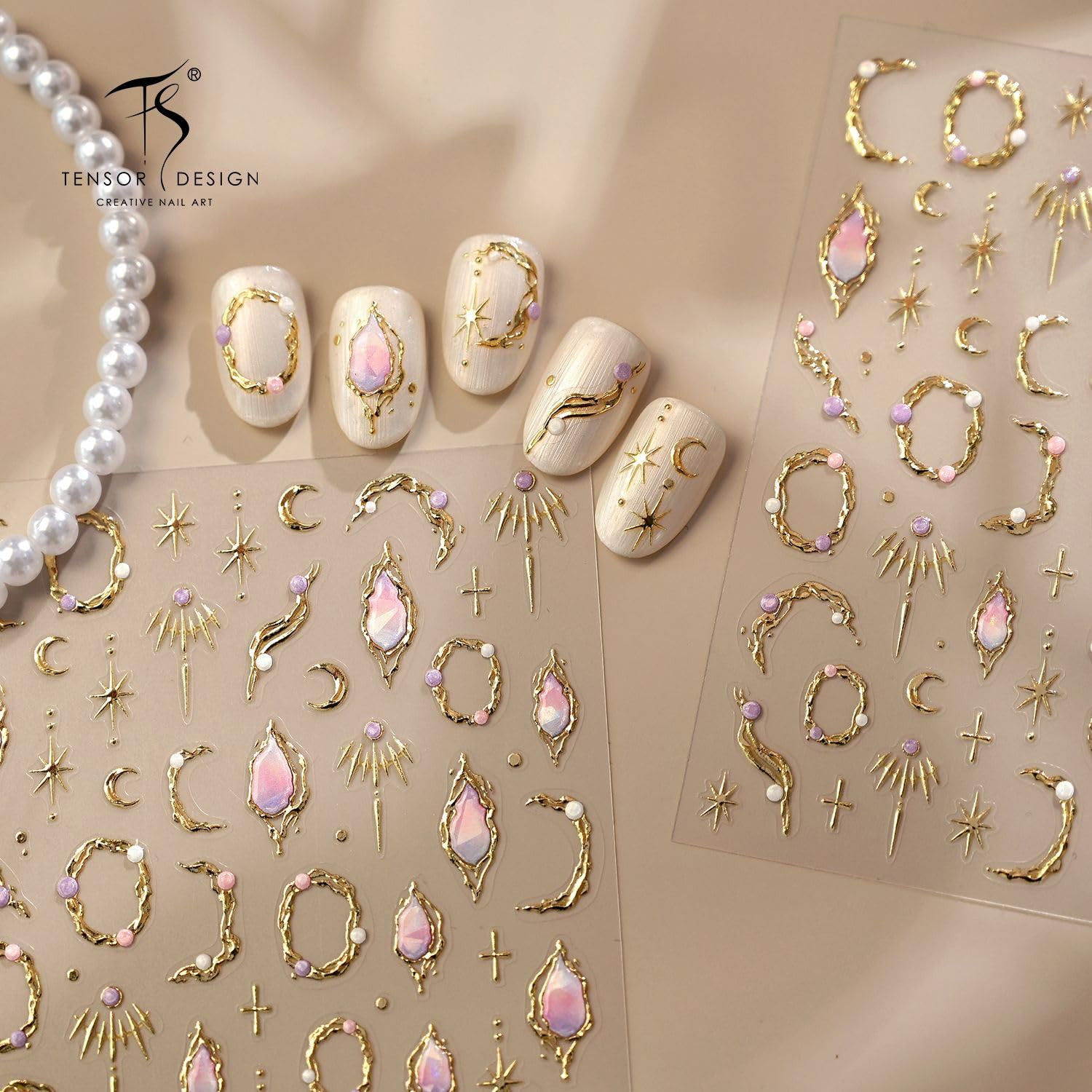 5D Embossed Gold Nail Stickers Star Nail Stickers for Nail Art with Pink Gemston