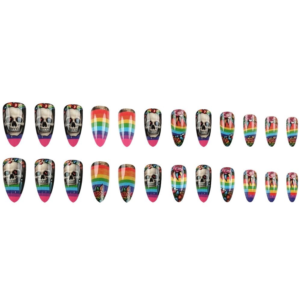 24Pcs Halloween Press on Nails Medium Almond Fake Nails Colorful Rainbow Skul…