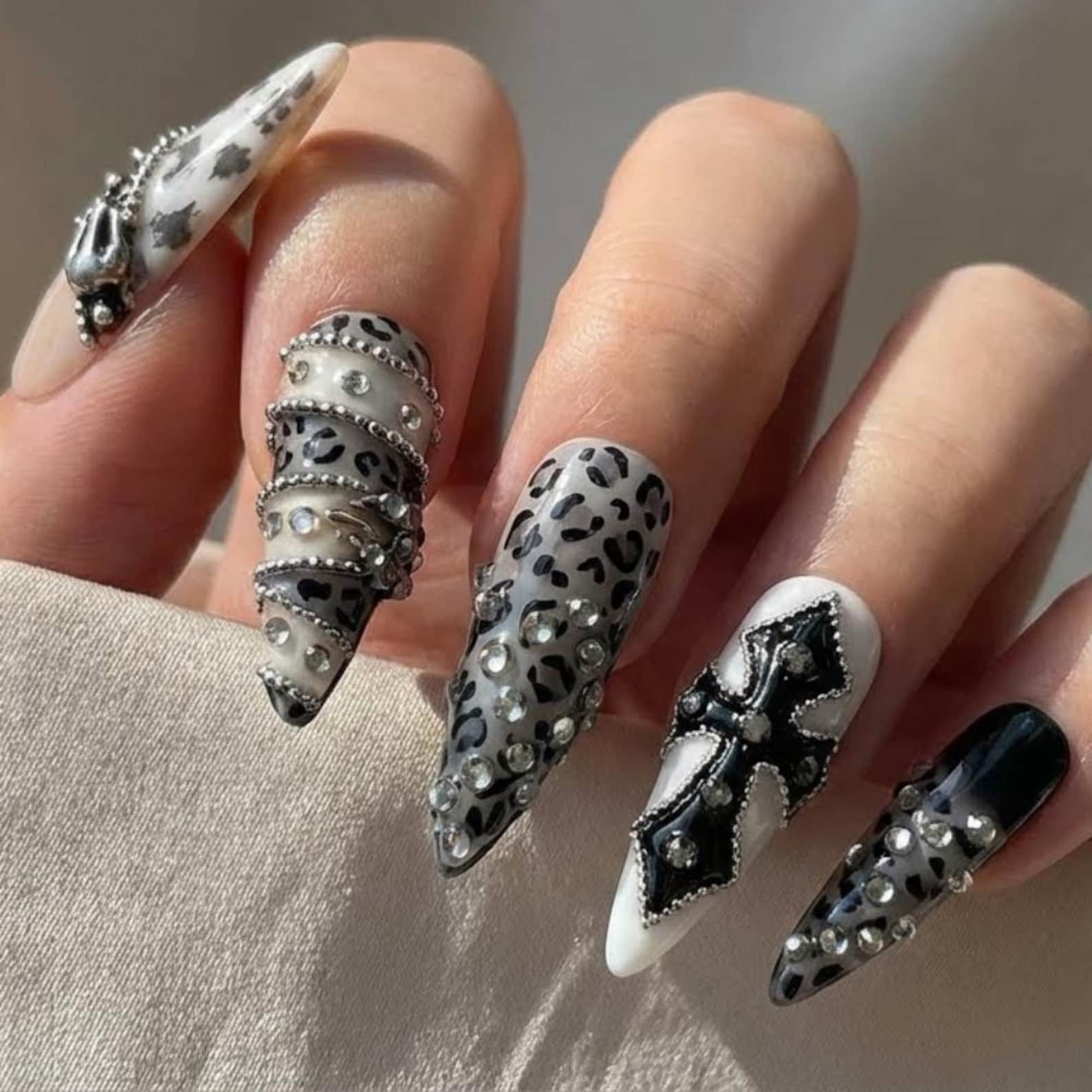 Handmade Black Leopard Cross Chain Rhinestone Long Stiletto Press on Nails