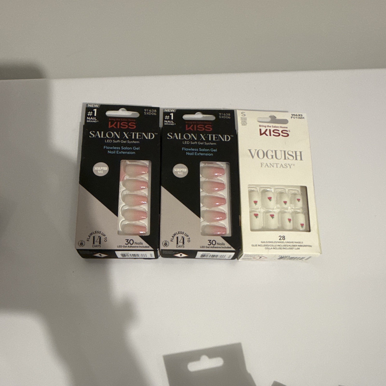 KISS Press-On Nails Lot of 3 Ombre Pink/White Floral Pre-Designed Nail Art