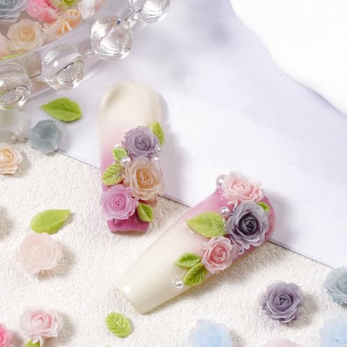 100pcs 3D Camellias Rose Flower Nail Art Charms with Nail Pearls Cute Leaves