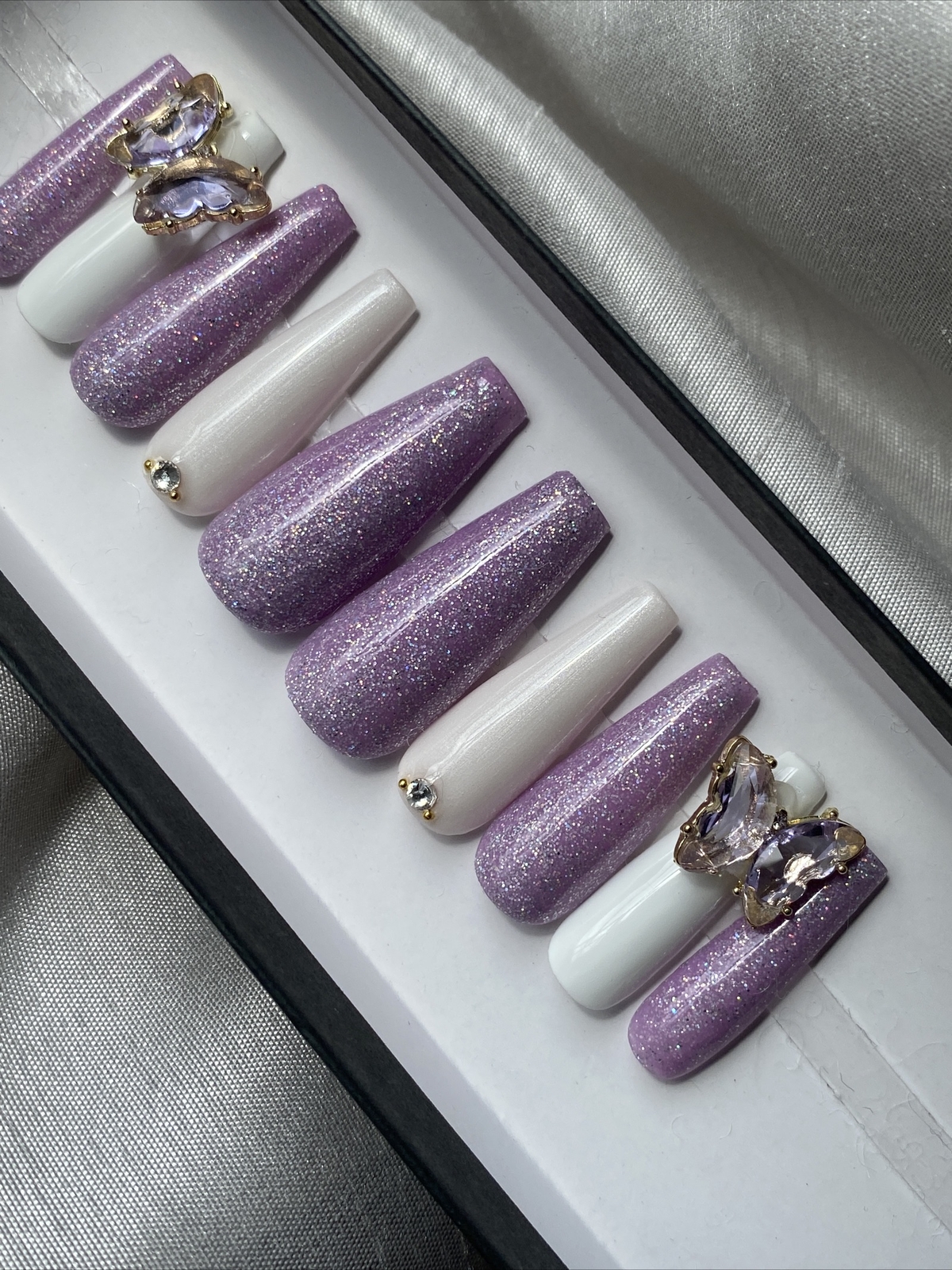 🔥CUSTOM Gel Press On False Nails, PURPLE BUTTERFLY 10p Set With Full Kit NEW