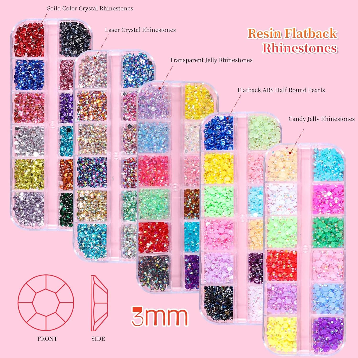 5 Boxes 7200Pcs Sparkling Crystal Nail Rhinestones Pearls Kit, Flatback Multicol