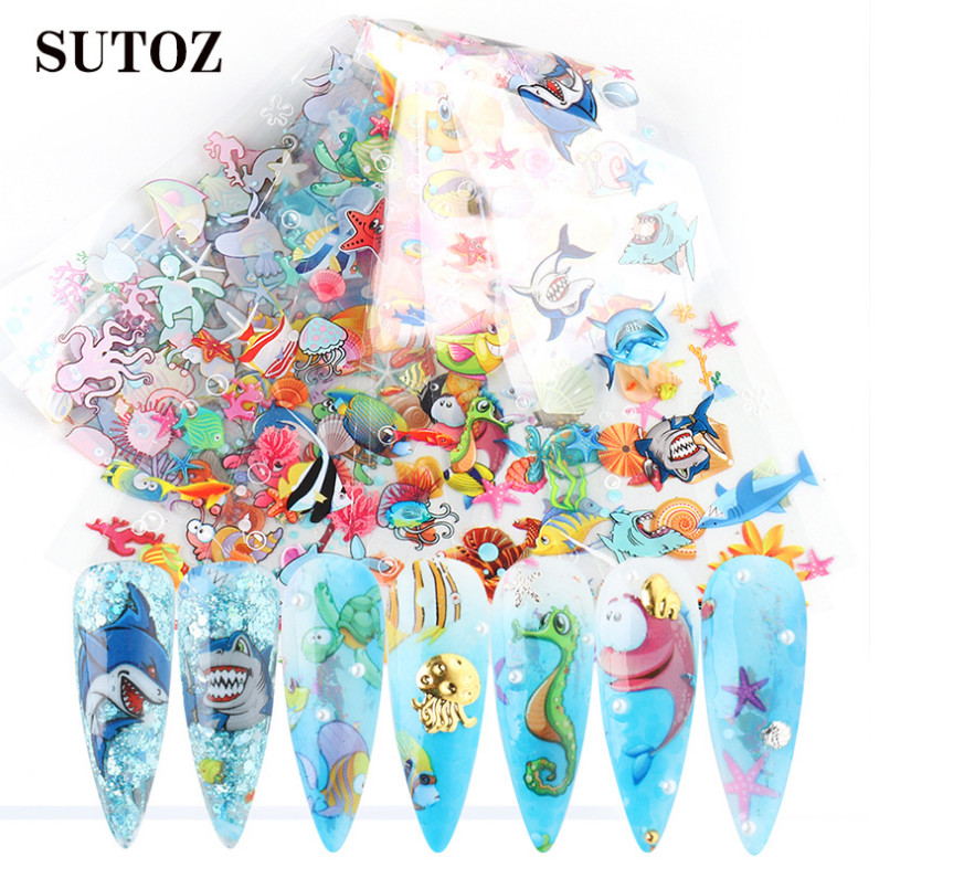 10pcs Ocean Shark Fish Star Turtle Nail Art Film Foil Transfer Decals SW7105