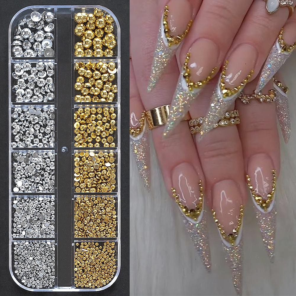Gold Silver Star Moon Pearl Kit 12 Grid Half-Round Metal Charms for Acrylic Gel
