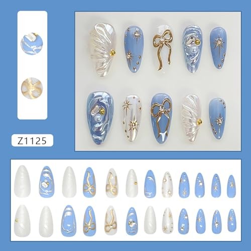 Press on Almond Nails Medium Length Glossy Full Cover Gold Bow Star Beads