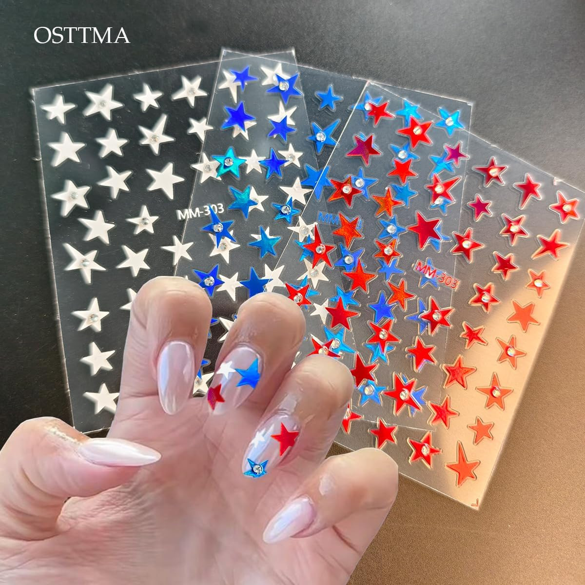 Independence Day Nail Stickers for Nail Art, Shiny Star Nail Decals Rhinestones
