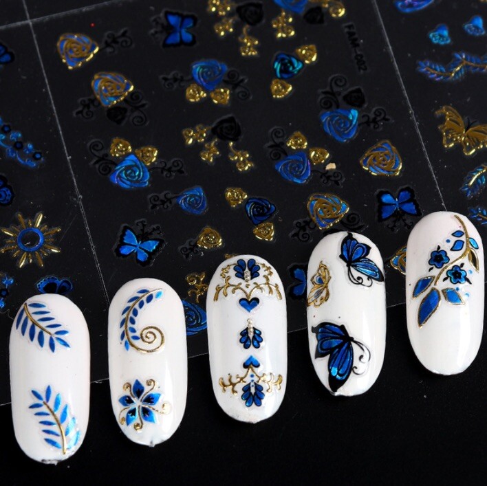 3 Sheets (random) 3D Nail Sticker Blue Gold Silver Butterfly Flower Lace Decals